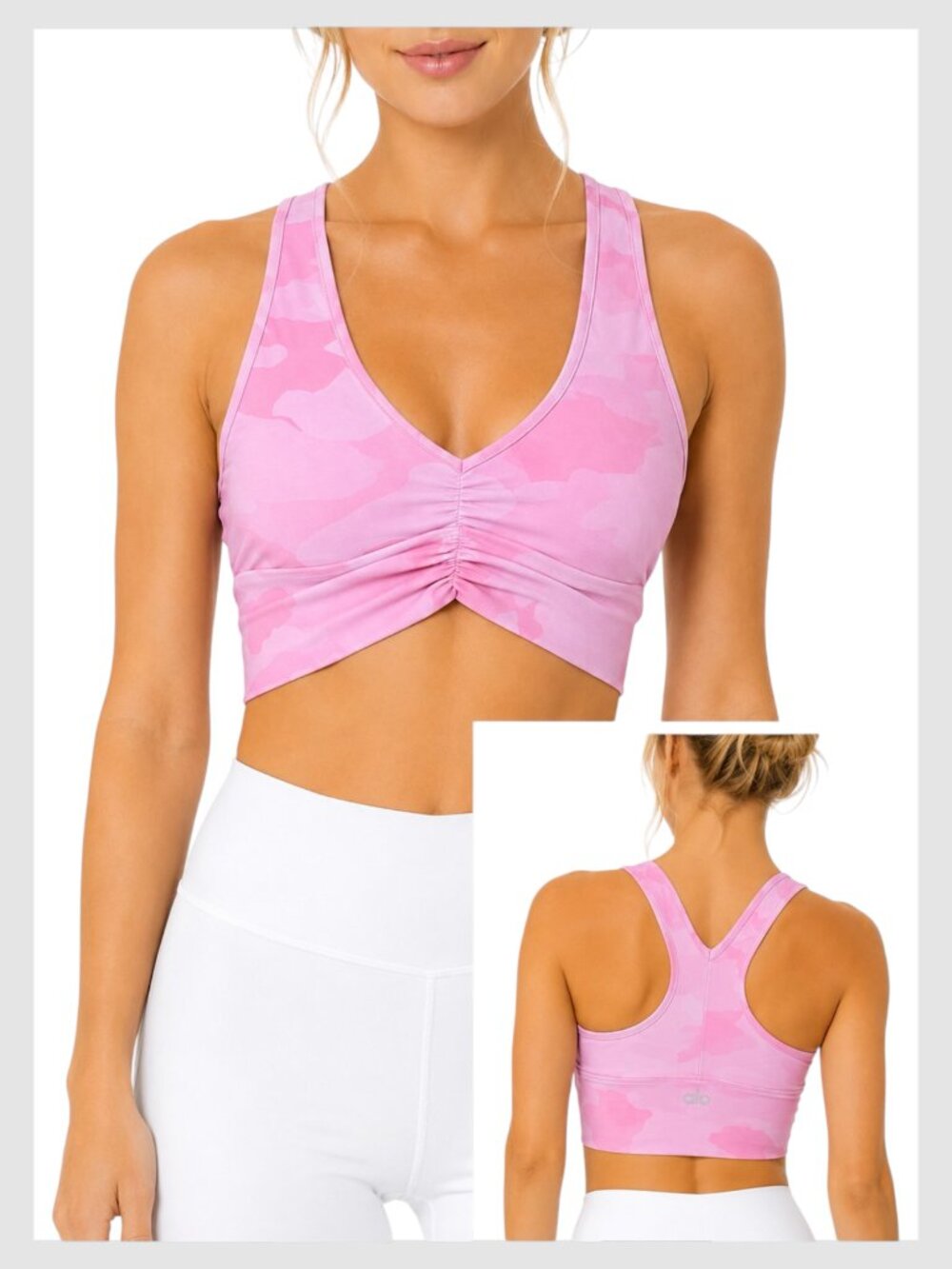 ALO Yoga Wild Thing Sports Bra Pink Camo Airbrush Ruched V-Neck XS